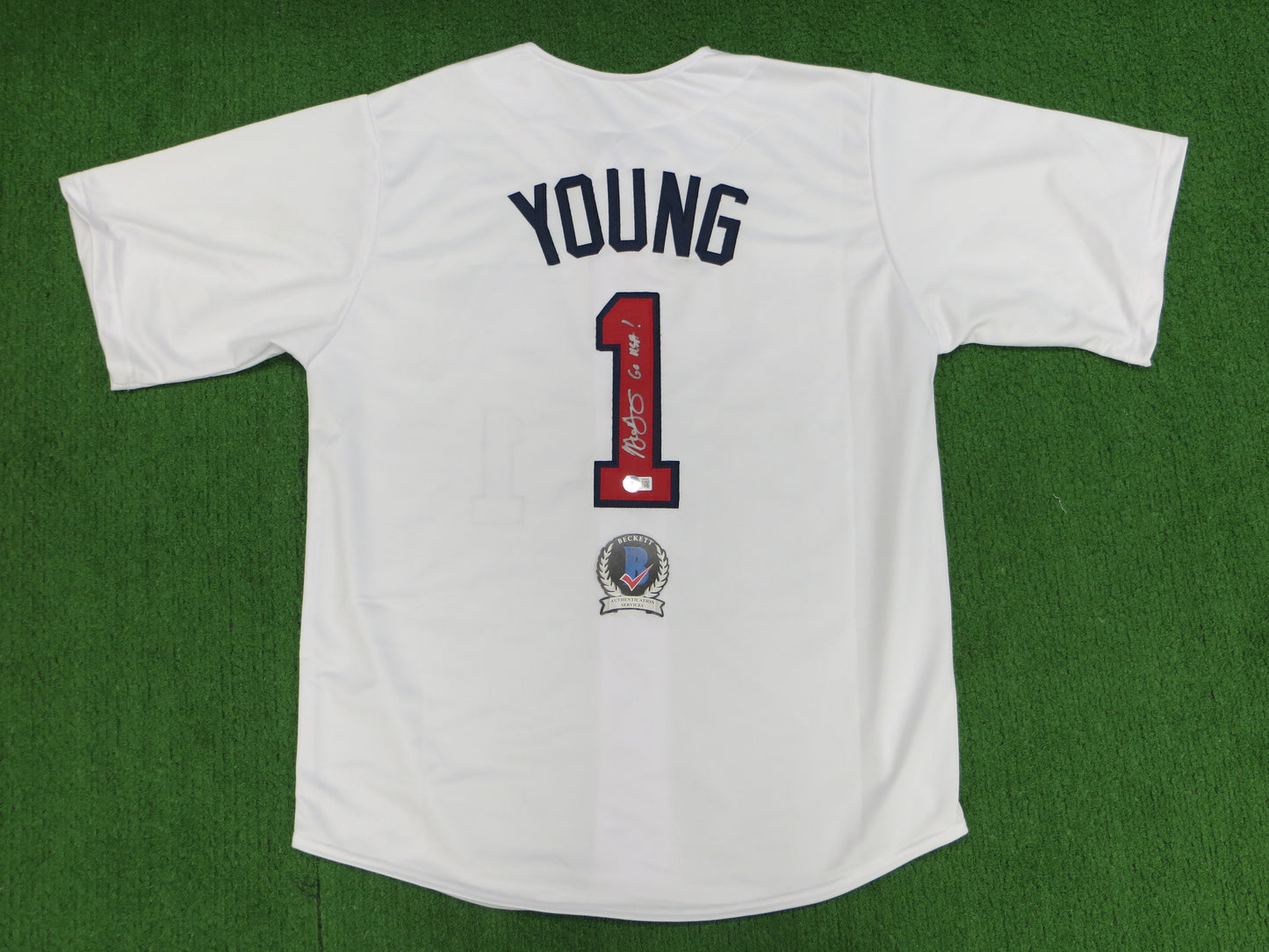 MICHAEL YOUNG TEXAS RANGERS USA BASEBALL SIGNED JERSEY w/INSC BAS