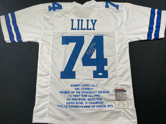 BOB LILLY DALLAS COWBOYS SIGNED STAT FOOTBALL JERSEY w/HOF JSA
