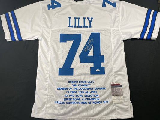 BOB LILLY DALLAS COWBOYS SIGNED STAT FOOTBALL JERSEY w/HOF JSA