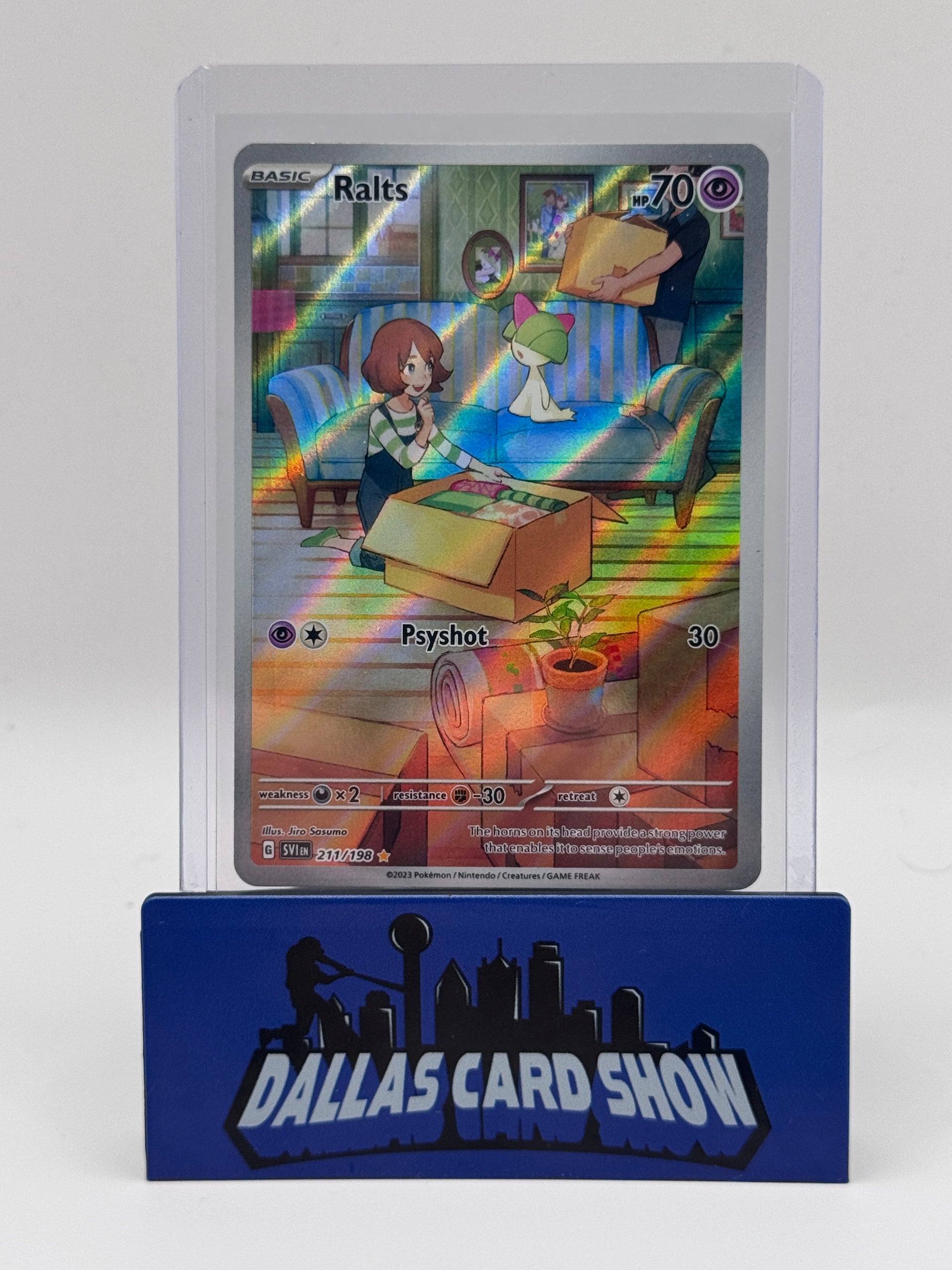 pokemon card shows dallas 2023 Svi EN-Scarlet & Violet Ralts #211 Illustration Rare PSA 8 Condition:NM:(2) Persian ex type Pokemon known as Celebi V - Sword