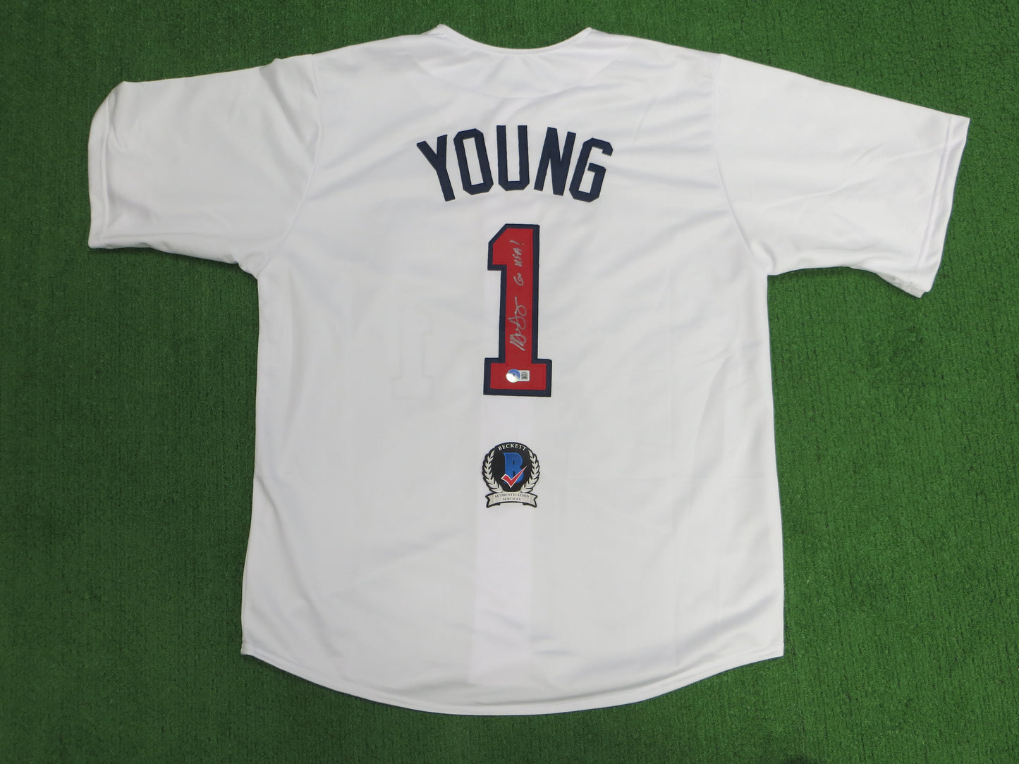 MICHAEL YOUNG TEXAS RANGERS USA BASEBALL SIGNED JERSEY w/INSC BAS