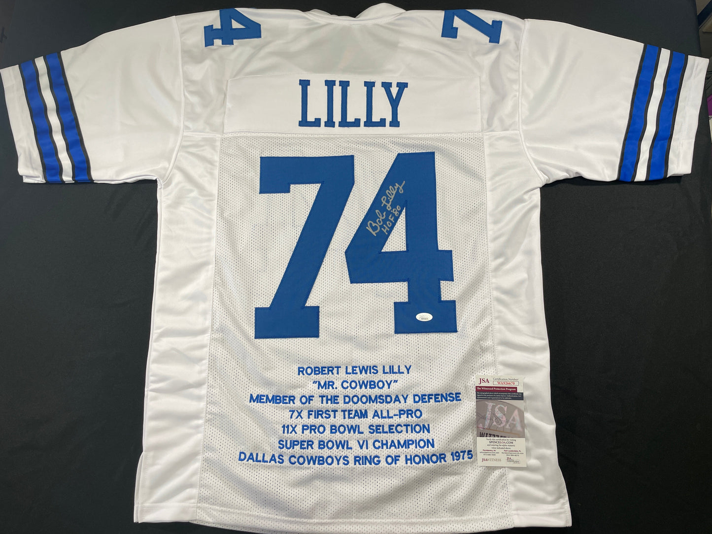 BOB LILLY DALLAS COWBOYS SIGNED STAT FOOTBALL JERSEY w/HOF JSA