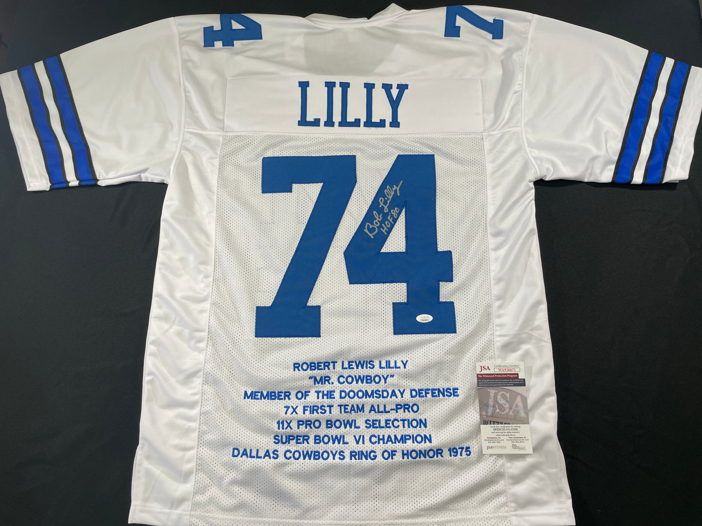 BOB LILLY DALLAS COWBOYS SIGNED STAT FOOTBALL JERSEY w/HOF JSA