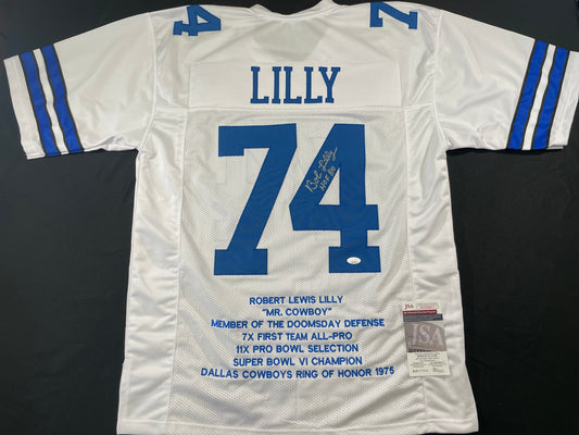 BOB LILLY DALLAS COWBOYS SIGNED STAT FOOTBALL JERSEY w/HOF JSA