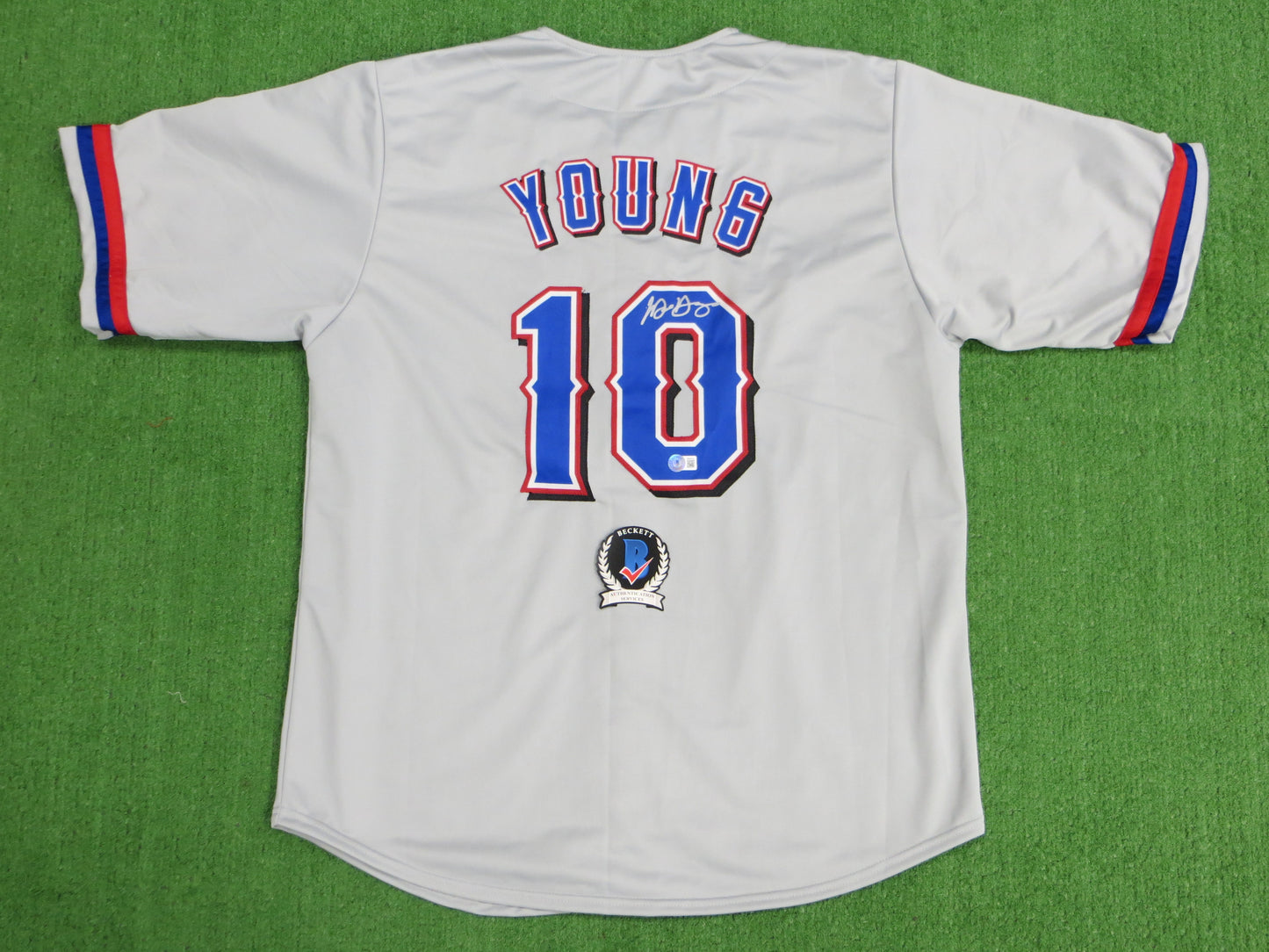MICHAEL YOUNG TEXAS RANGERS SIGNED GRAY JERSEY size XL BAS COA