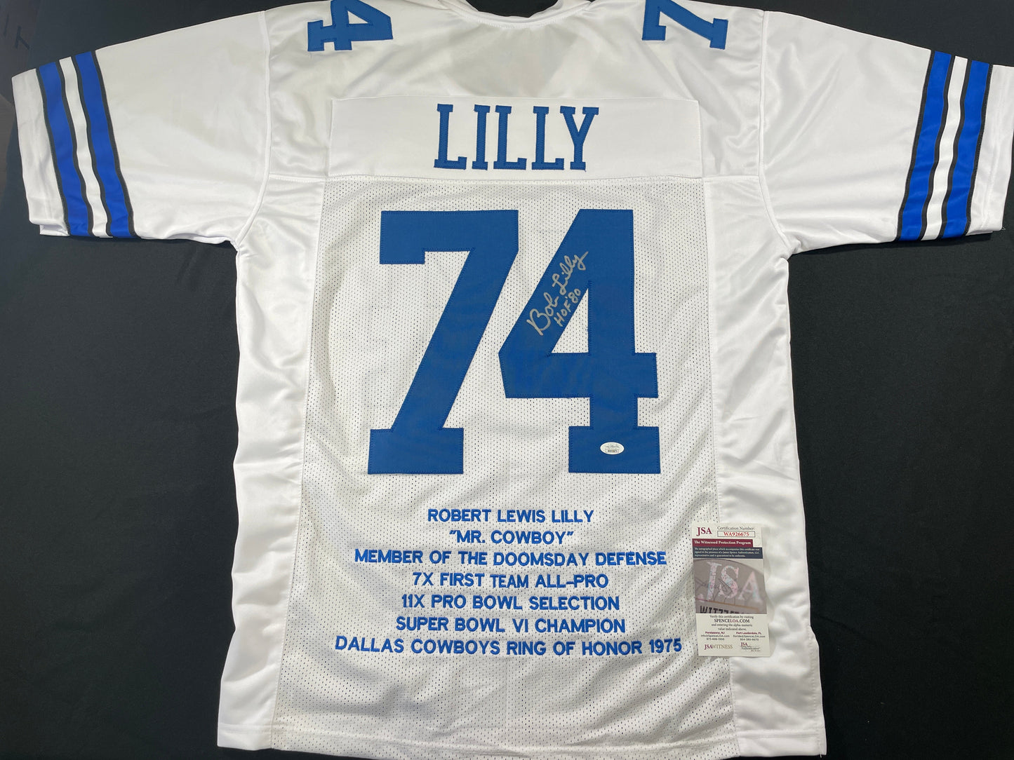 BOB LILLY DALLAS COWBOYS SIGNED STAT FOOTBALL JERSEY w/HOF JSA