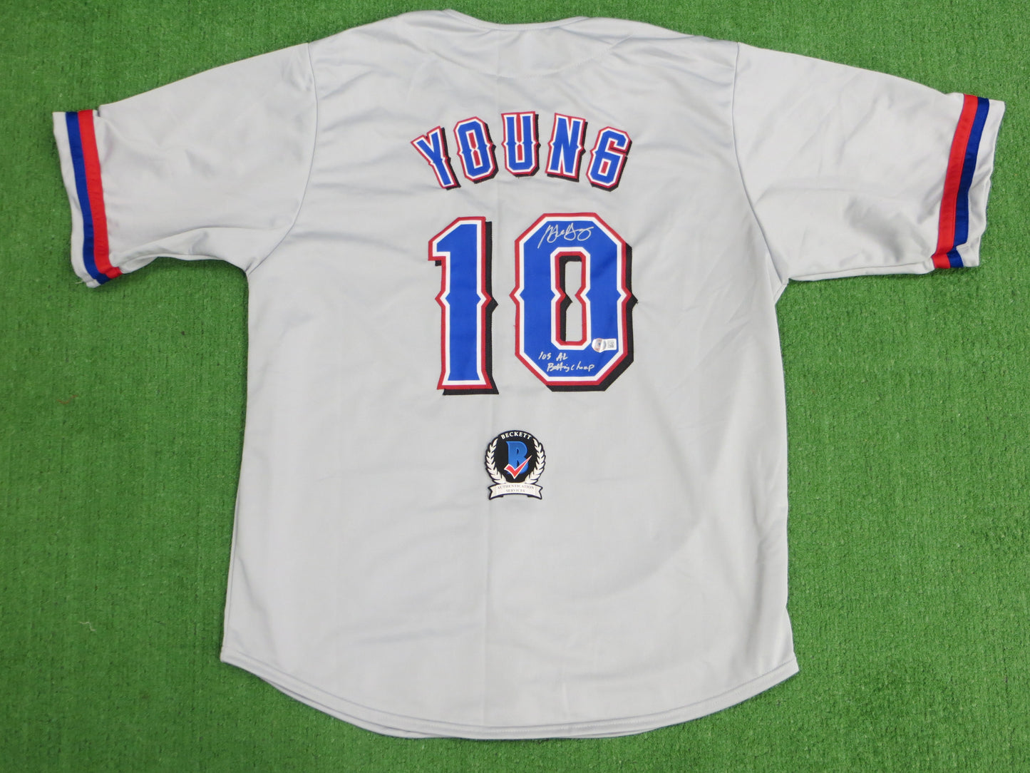 MICHAEL YOUNG TEXAS RANGERS SIGNED GRAY JERSEY w/INSC BAS COA