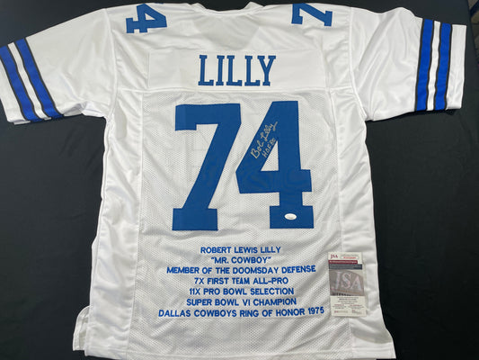 BOB LILLY DALLAS COWBOYS SIGNED STAT FOOTBALL JERSEY w/HOF JSA