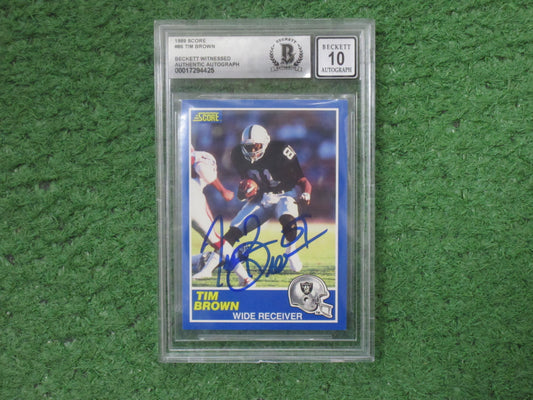 TIM BROWN SIGNED 1989 Score #86 BGS BAS SLAB Rookie Card RAIDERS AUTO 10)