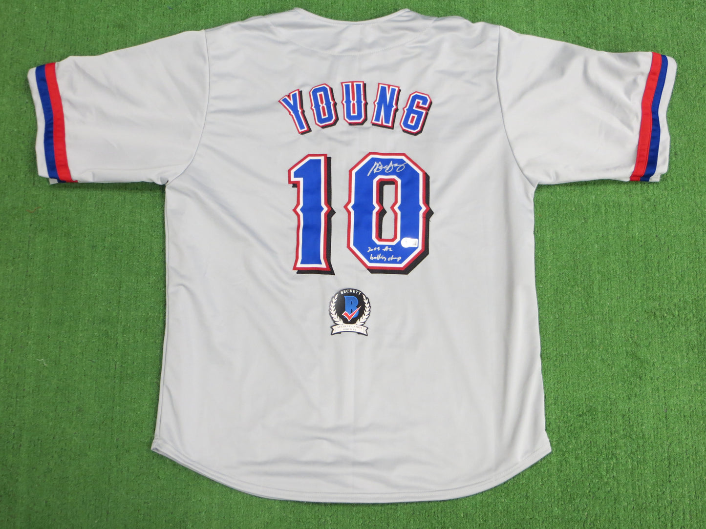 MICHAEL YOUNG TEXAS RANGERS SIGNED GRAY JERSEY w/INSC BAS COA