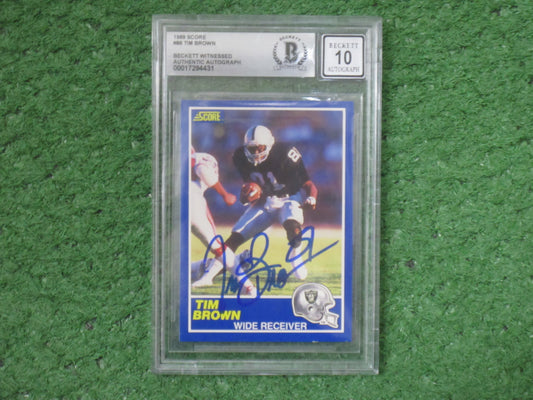TIM BROWN SIGNED 1989 Score #86 BGS BAS SLAB Rookie Card RAIDERS AUTO 10