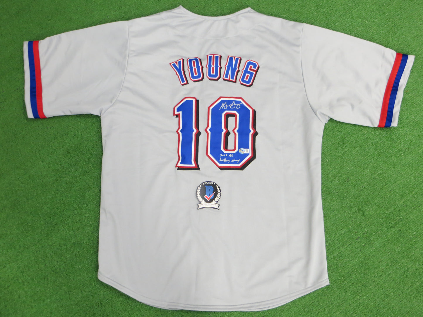 MICHAEL YOUNG TEXAS RANGERS SIGNED GRAY JERSEY w/INSC BAS COA