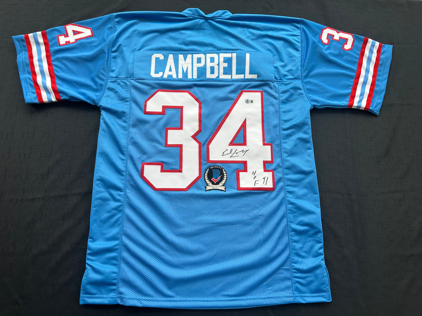 EARL CAMPBELL SIGNED BLUE FOOTBALL JERSEY Houston Oilers w/ "HOF 91" BAS COA