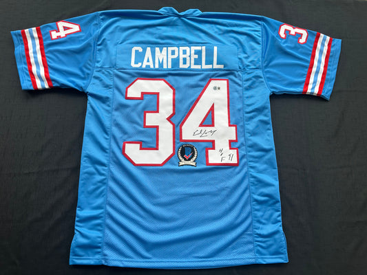 EARL CAMPBELL SIGNED BLUE FOOTBALL JERSEY Houston Oilers w/ "HOF 91" BAS COA