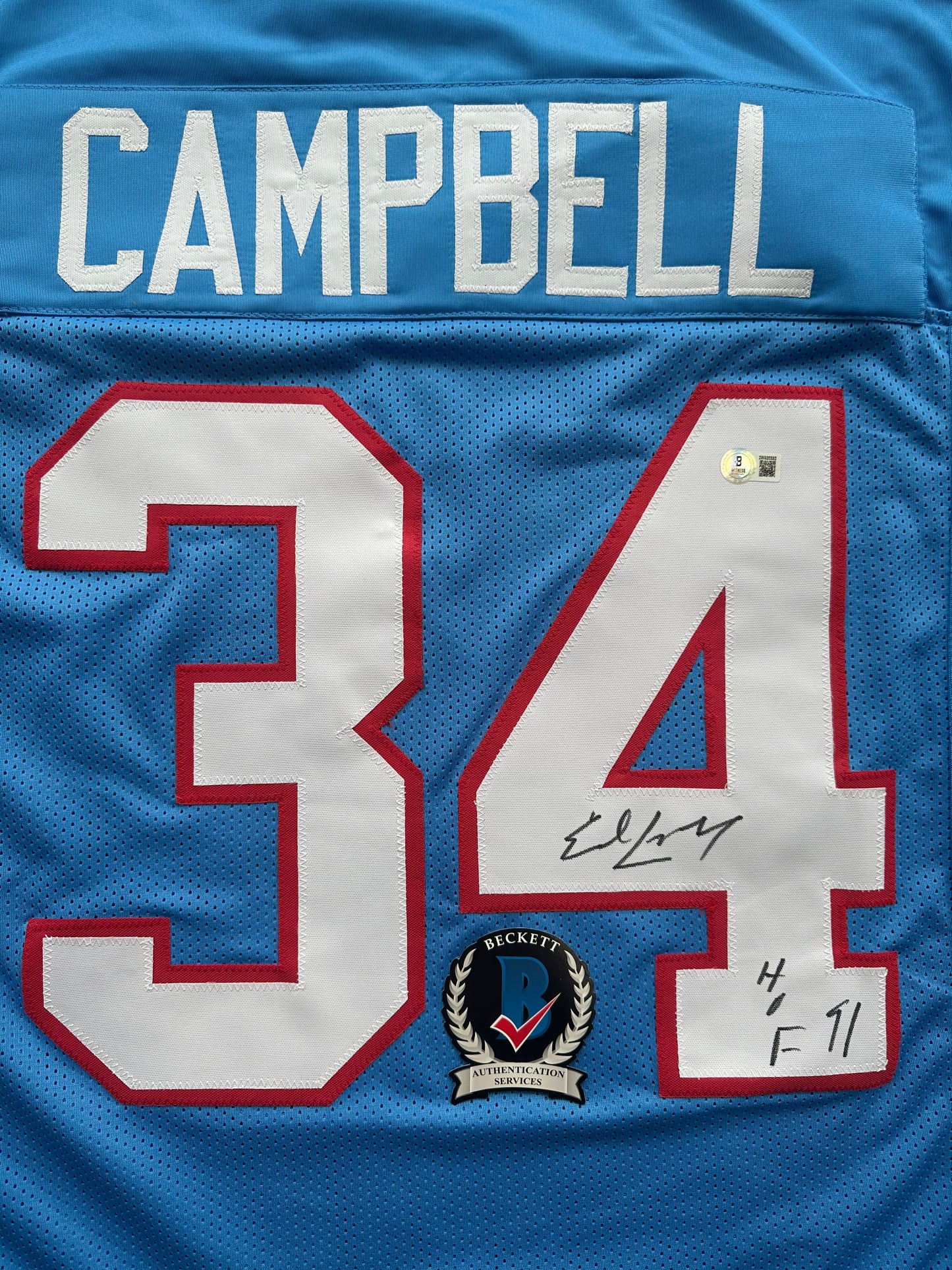 EARL CAMPBELL SIGNED BLUE FOOTBALL JERSEY Houston Oilers w/ "HOF 91" BAS COA