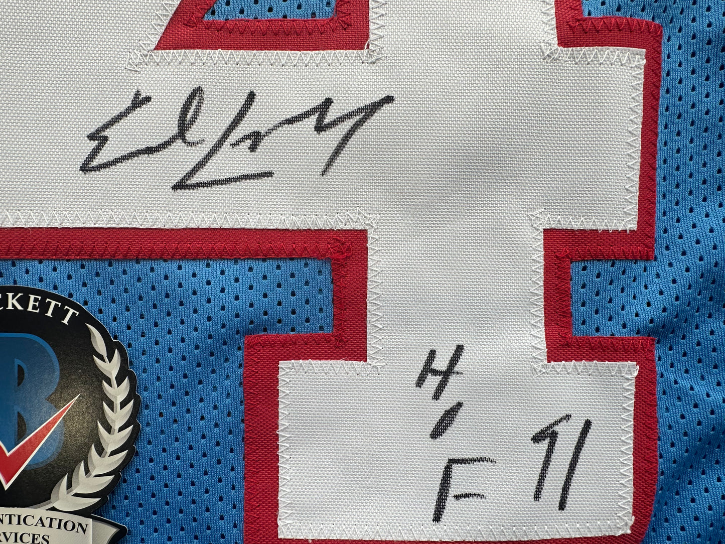 EARL CAMPBELL SIGNED BLUE FOOTBALL JERSEY Houston Oilers w/ "HOF 91" BAS COA