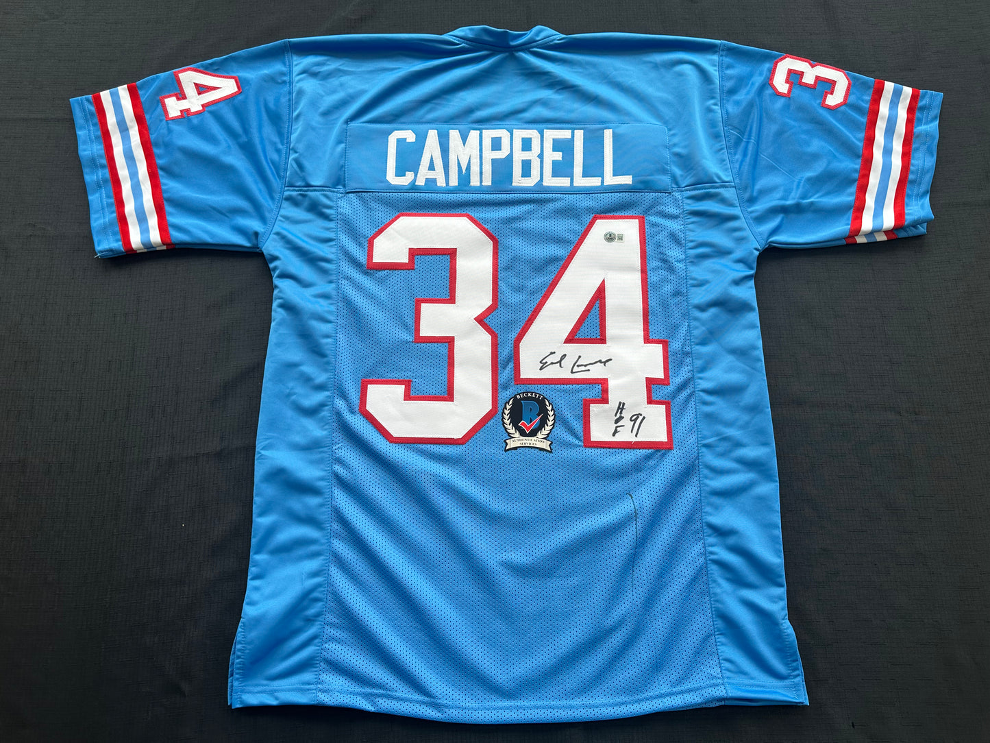 EARL CAMPBELL SIGNED BLUE FOOTBALL JERSEY Houston Oilers w/ "HOF 91" BAS COA