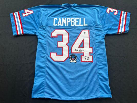 EARL CAMPBELL SIGNED BLUE FOOTBALL JERSEY Houston Oilers w/ "HOF 91" BAS COA