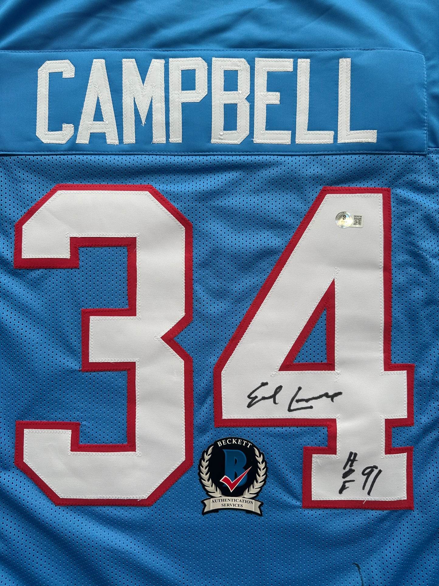 EARL CAMPBELL SIGNED BLUE FOOTBALL JERSEY Houston Oilers w/ "HOF 91" BAS COA