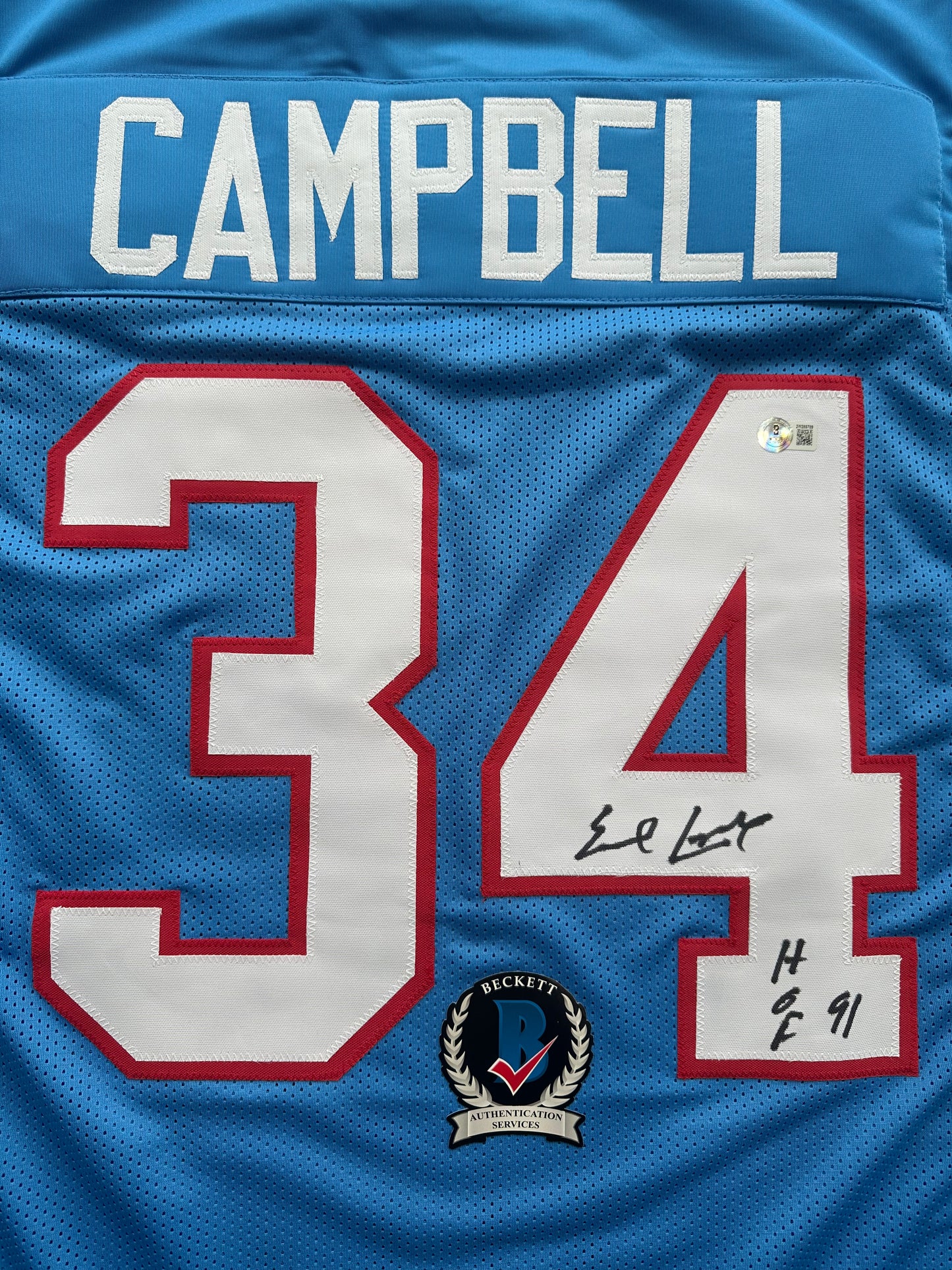 EARL CAMPBELL SIGNED BLUE FOOTBALL JERSEY Houston Oilers w/ "HOF 91" BAS COA