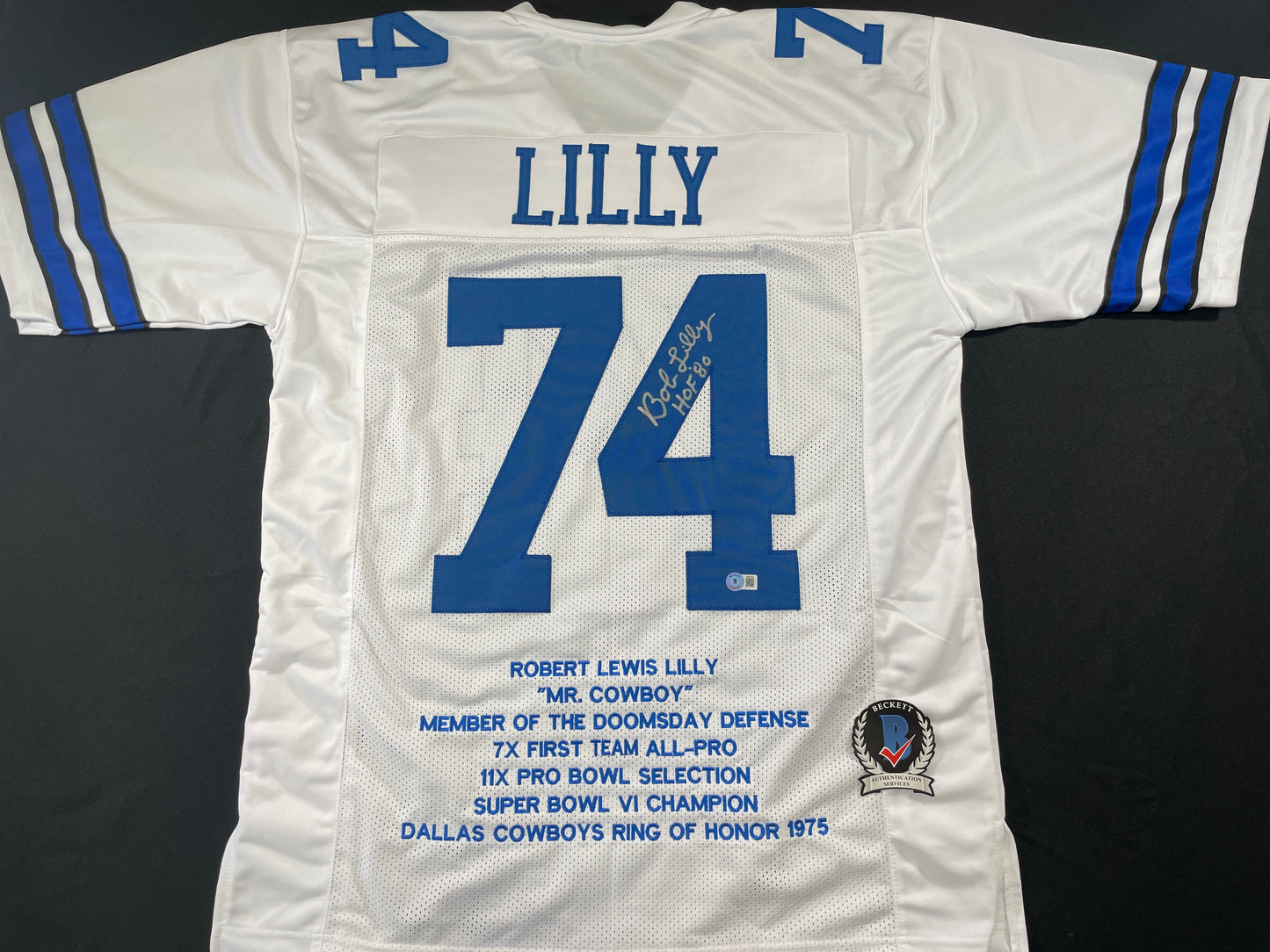 BOB LILLY DALLAS COWBOYS SIGNED STAT FOOTBALL JERSEY w/HOF BAS