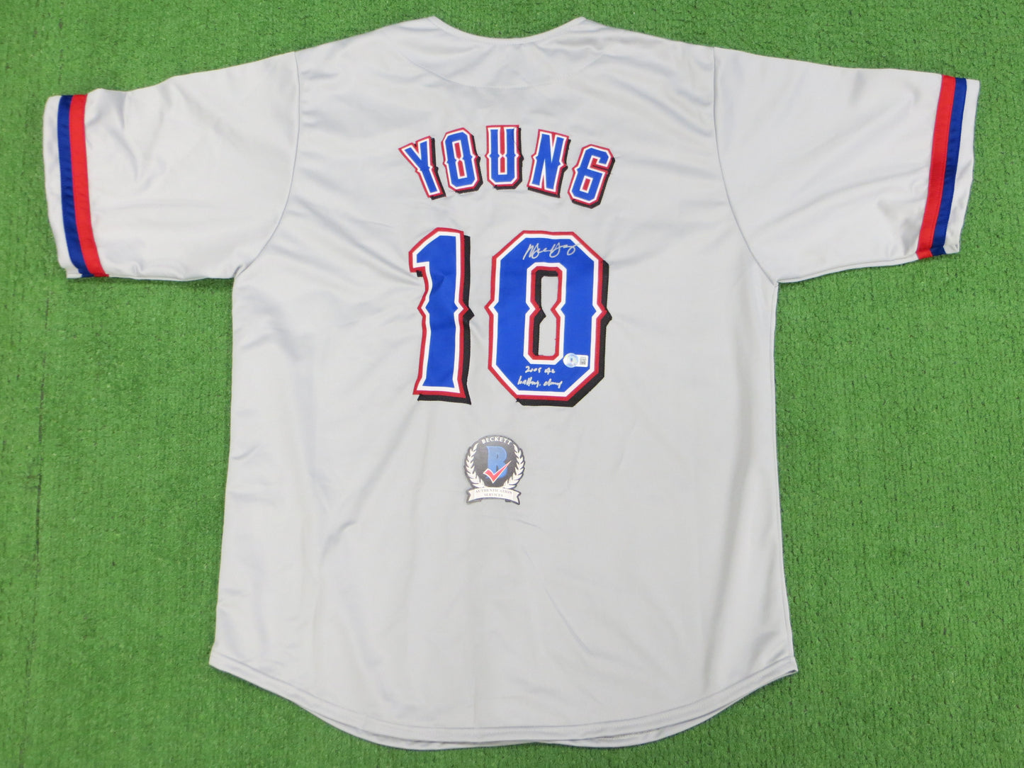 MICHAEL YOUNG TEXAS RANGERS SIGNED GRAY JERSEY w/INSC BAS COA
