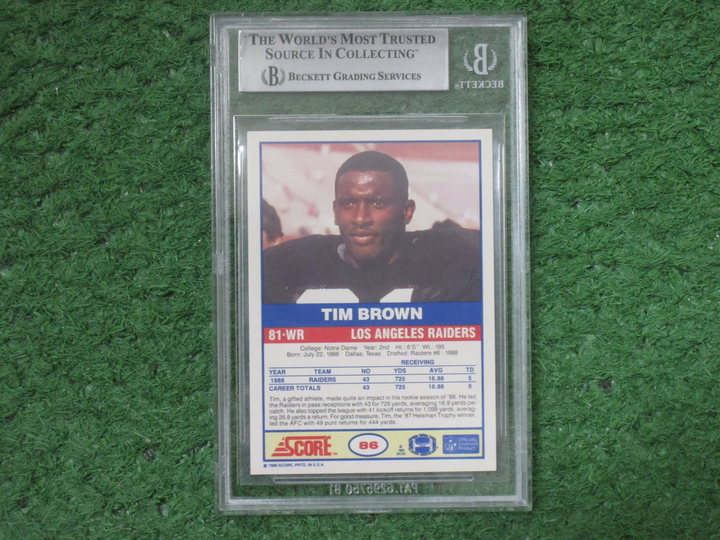 TIM BROWN SIGNED 1989 Score #86 BGS BAS SLAB Rookie Card RAIDERS