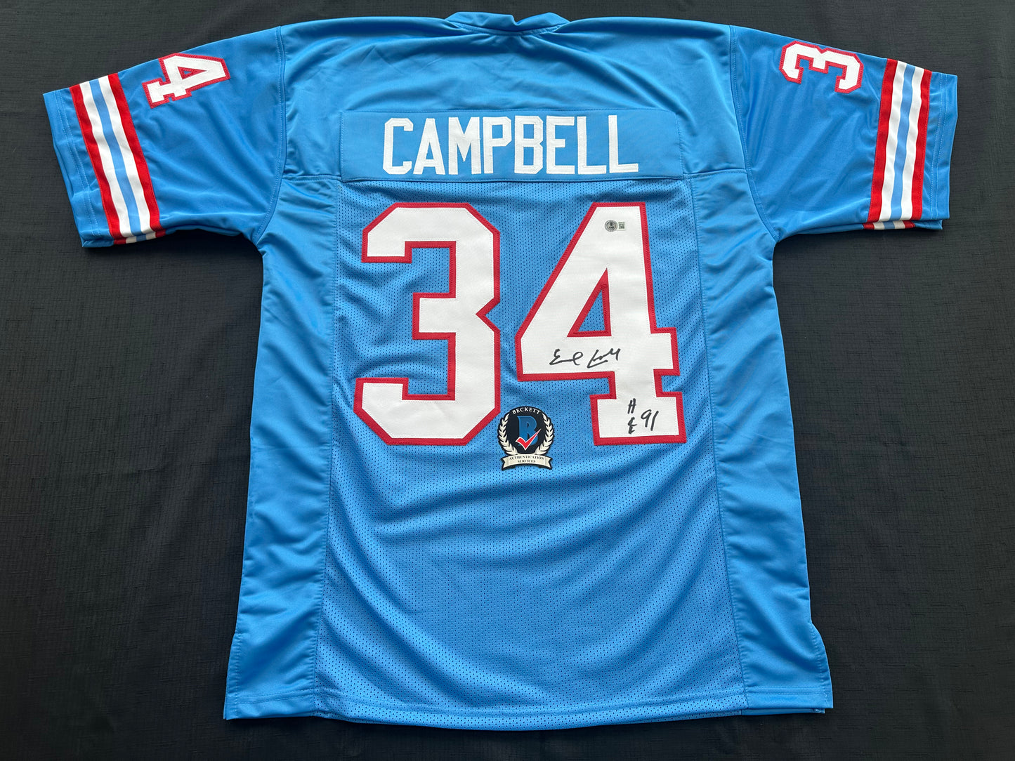 EARL CAMPBELL SIGNED BLUE FOOTBALL JERSEY Houston Oilers w/ "HOF 91" BAS COA