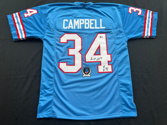 EARL CAMPBELL SIGNED BLUE FOOTBALL JERSEY Houston Oilers w/ "HOF 91" BAS COA