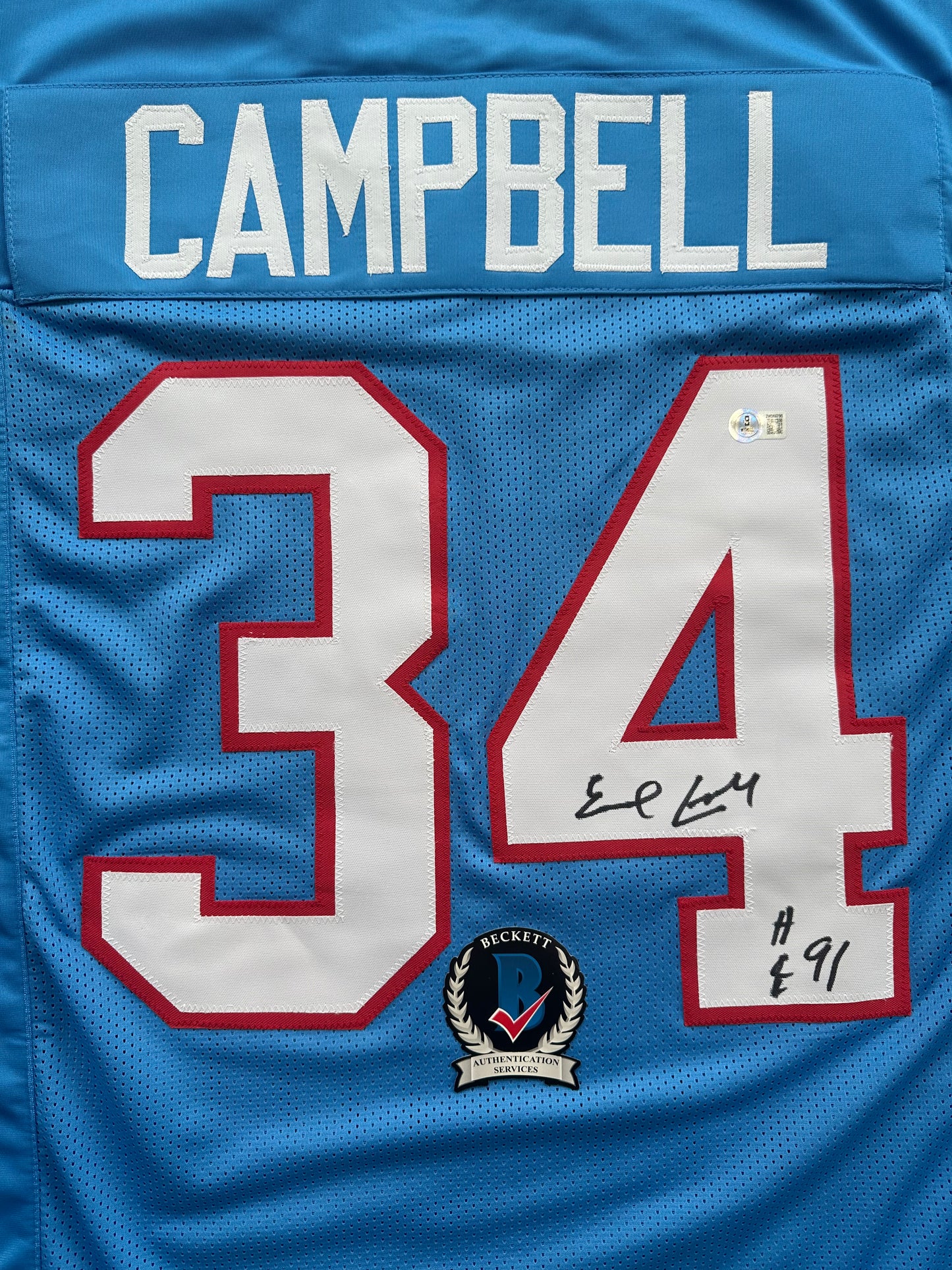 EARL CAMPBELL SIGNED BLUE FOOTBALL JERSEY Houston Oilers w/ "HOF 91" BAS COA
