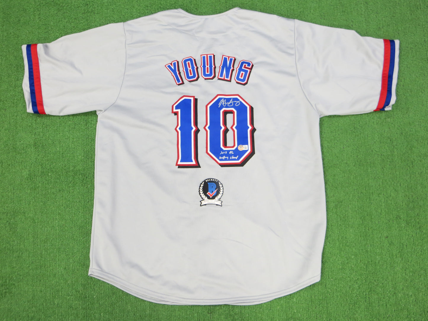 MICHAEL YOUNG TEXAS RANGERS SIGNED GRAY JERSEY w/INSC BAS COA