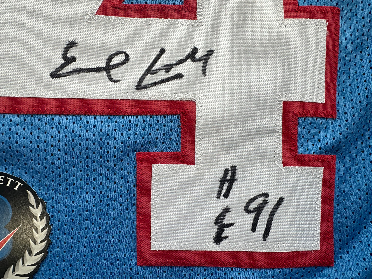 EARL CAMPBELL SIGNED BLUE FOOTBALL JERSEY Houston Oilers w/ "HOF 91" BAS COA