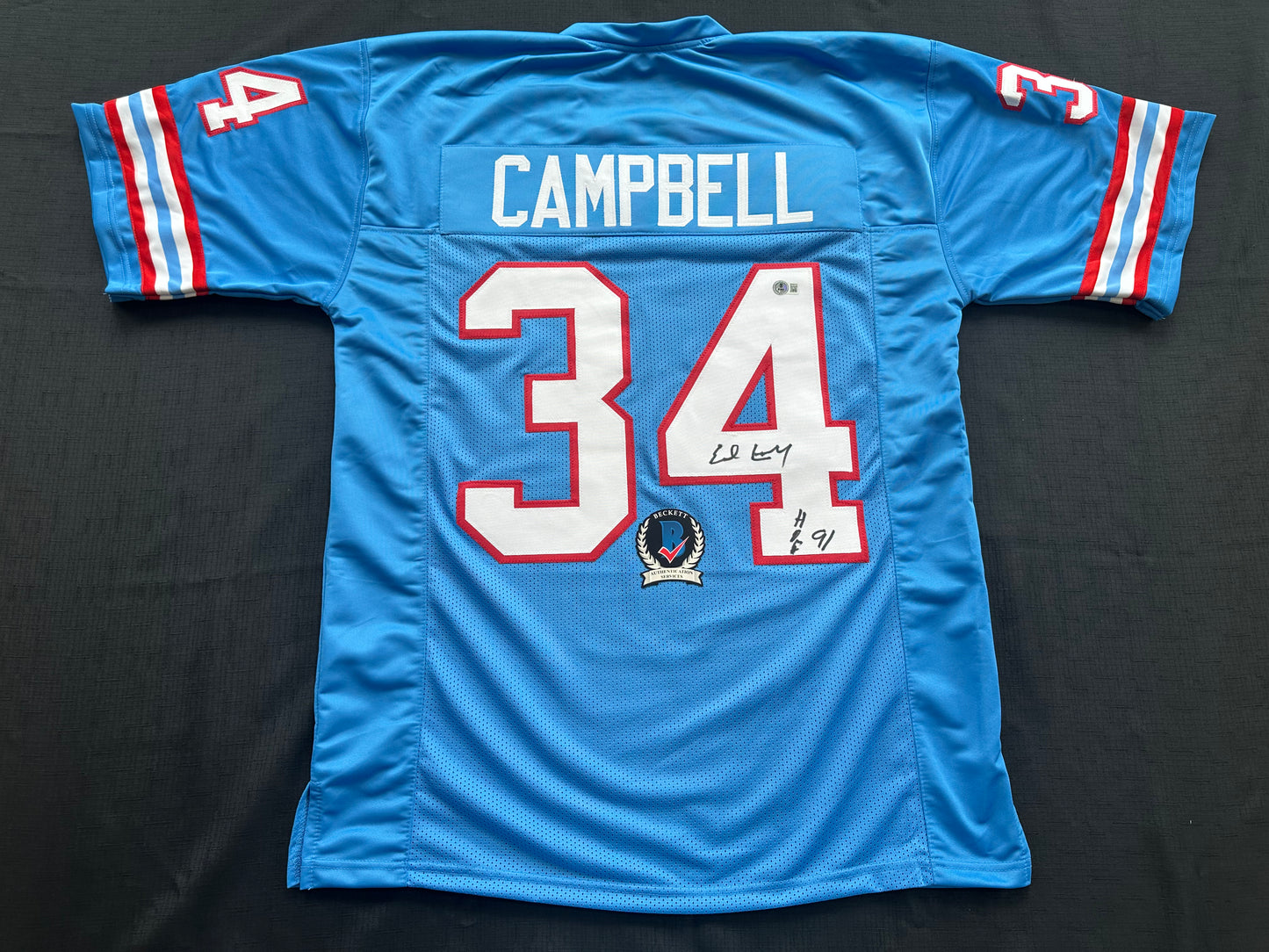 EARL CAMPBELL SIGNED BLUE FOOTBALL JERSEY Houston Oilers w/ "HOF 91" BAS COA