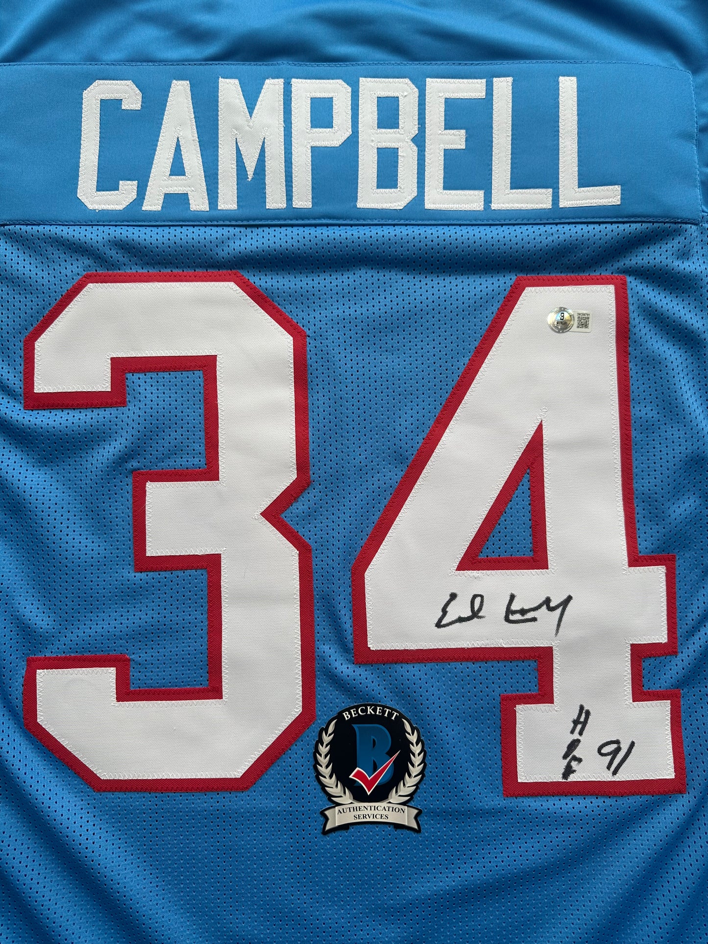 EARL CAMPBELL SIGNED BLUE FOOTBALL JERSEY Houston Oilers w/ "HOF 91" BAS COA