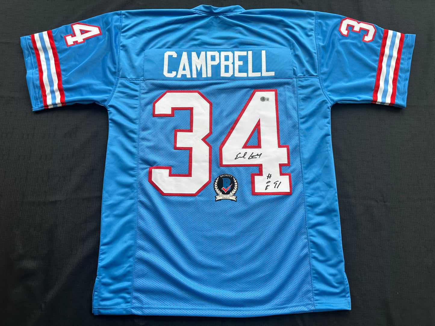 EARL CAMPBELL SIGNED BLUE FOOTBALL JERSEY Houston Oilers w/ "HOF 91" BAS COA