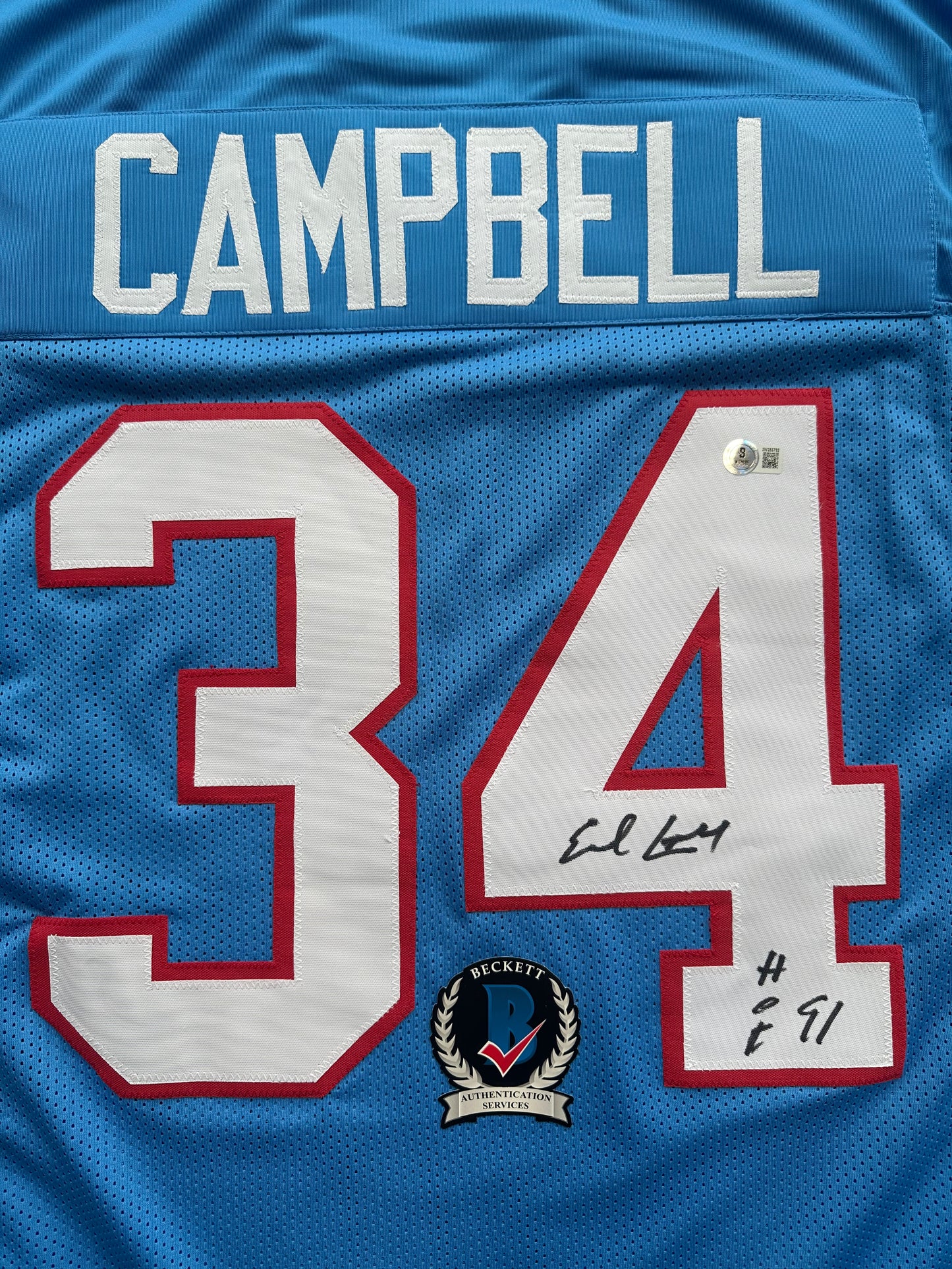 EARL CAMPBELL SIGNED BLUE FOOTBALL JERSEY Houston Oilers w/ "HOF 91" BAS COA