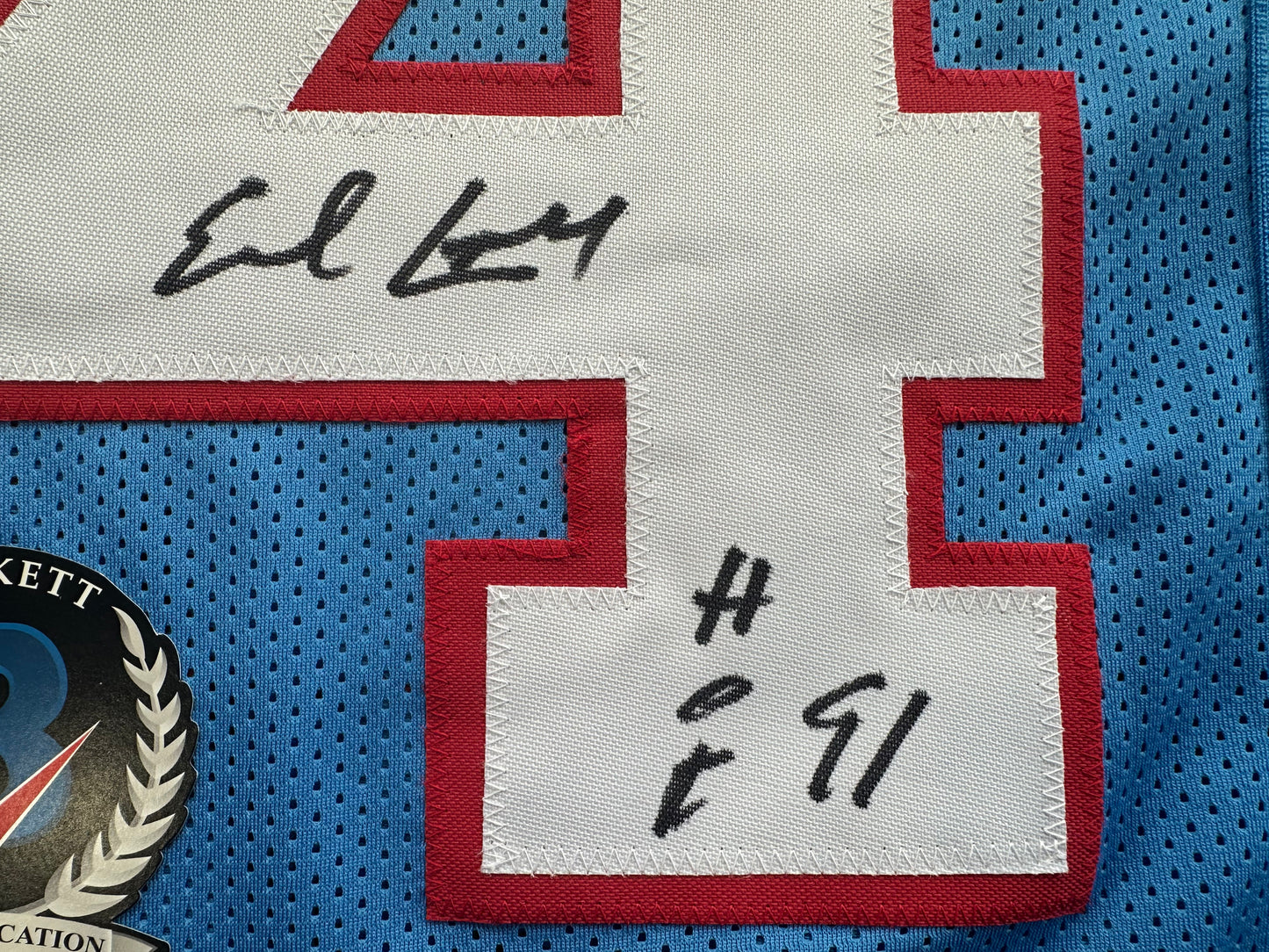 EARL CAMPBELL SIGNED BLUE FOOTBALL JERSEY Houston Oilers w/ "HOF 91" BAS COA