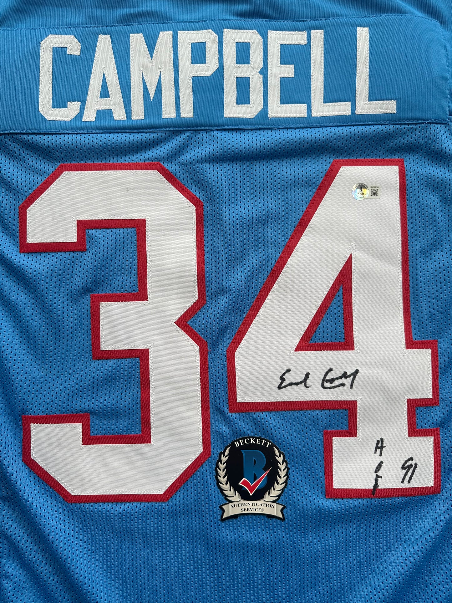 EARL CAMPBELL SIGNED BLUE FOOTBALL JERSEY Houston Oilers w/ "HOF 91" BAS COA