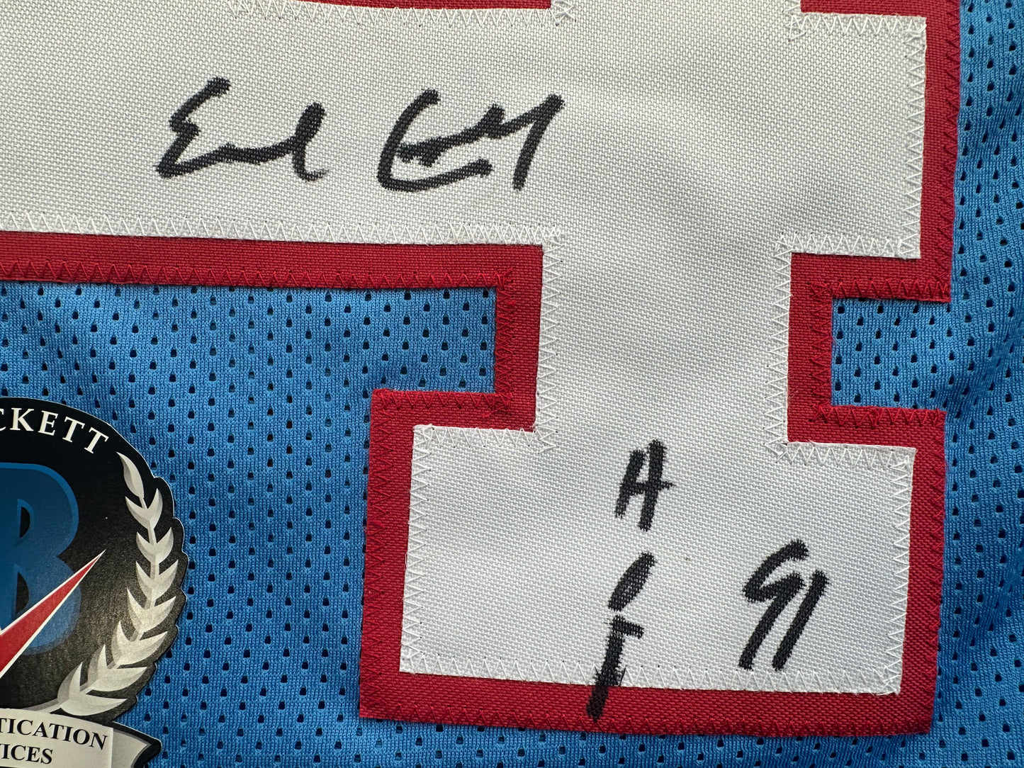 EARL CAMPBELL SIGNED BLUE FOOTBALL JERSEY Houston Oilers w/ "HOF 91" BAS COA