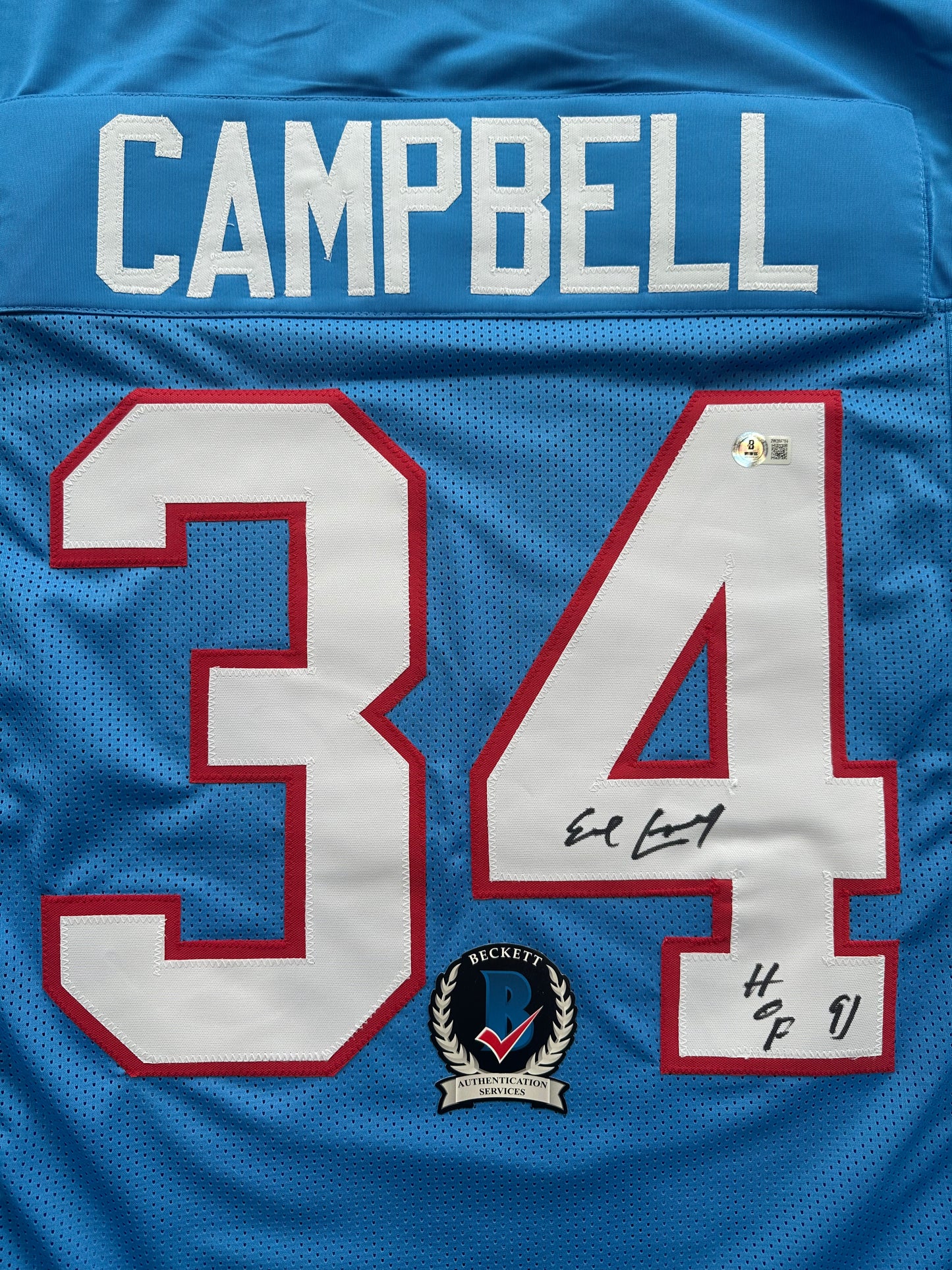 EARL CAMPBELL SIGNED BLUE FOOTBALL JERSEY Houston Oilers w/ "HOF 91" BAS COA