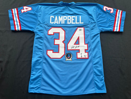 EARL CAMPBELL SIGNED BLUE FOOTBALL JERSEY Houston Oilers w/ "HOF 91" BAS COA
