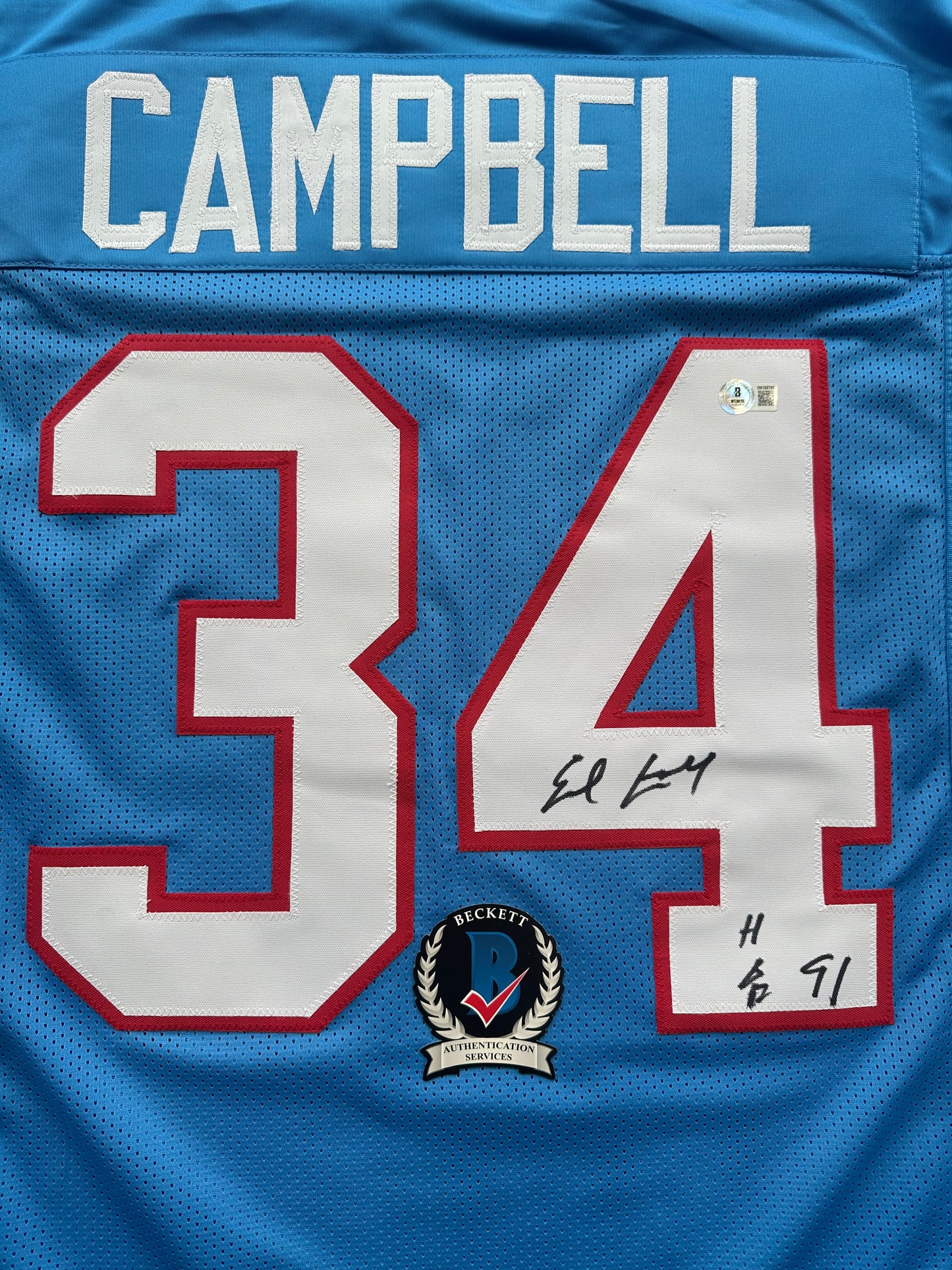 EARL CAMPBELL SIGNED BLUE FOOTBALL JERSEY Houston Oilers w/ "HOF 91" BAS COA