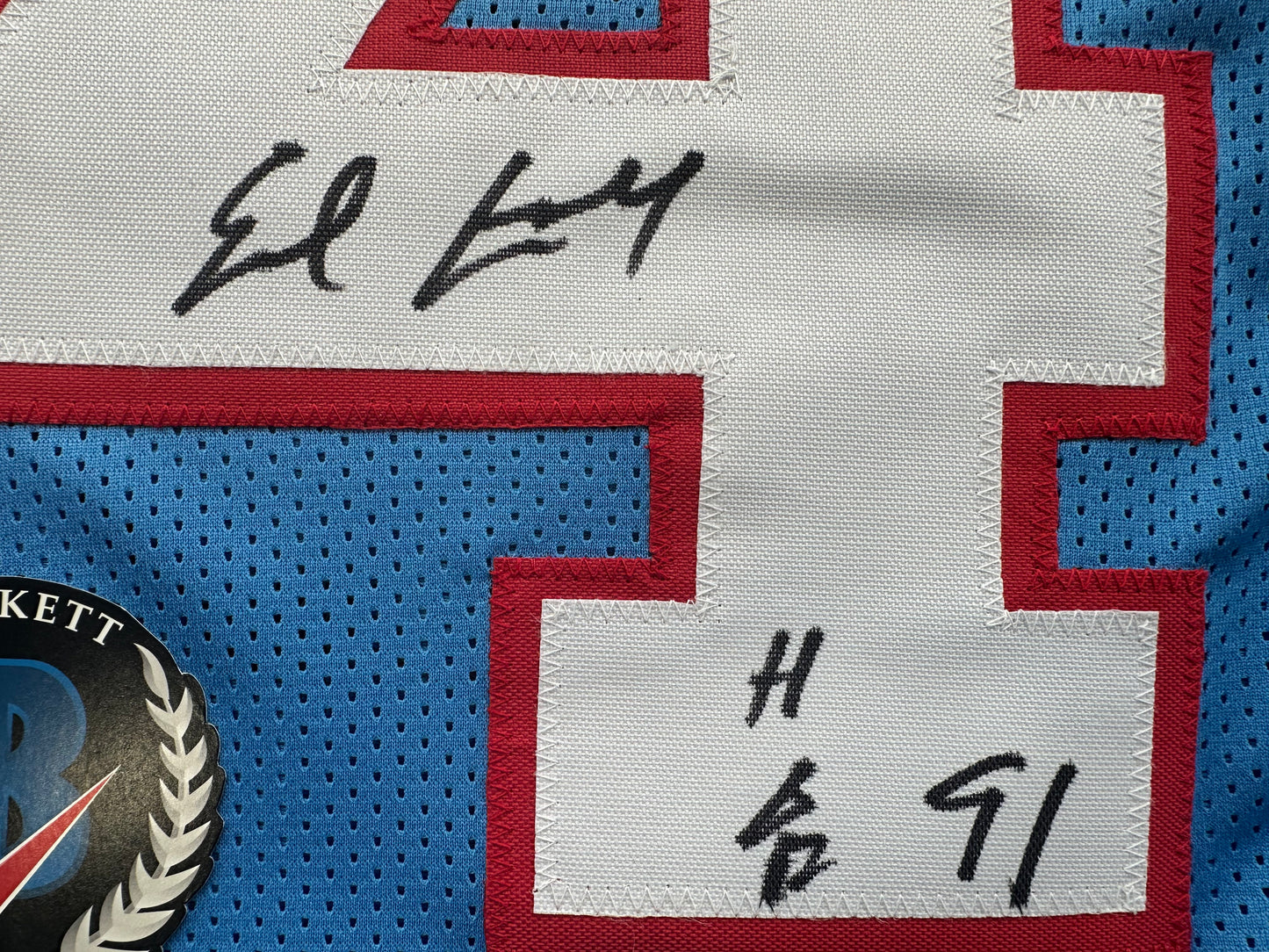 EARL CAMPBELL SIGNED BLUE FOOTBALL JERSEY Houston Oilers w/ "HOF 91" BAS COA