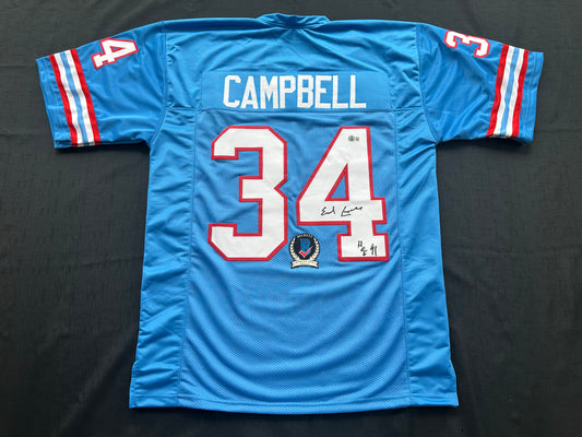 EARL CAMPBELL SIGNED BLUE FOOTBALL JERSEY Houston Oilers w/ "HOF 91" BAS COA