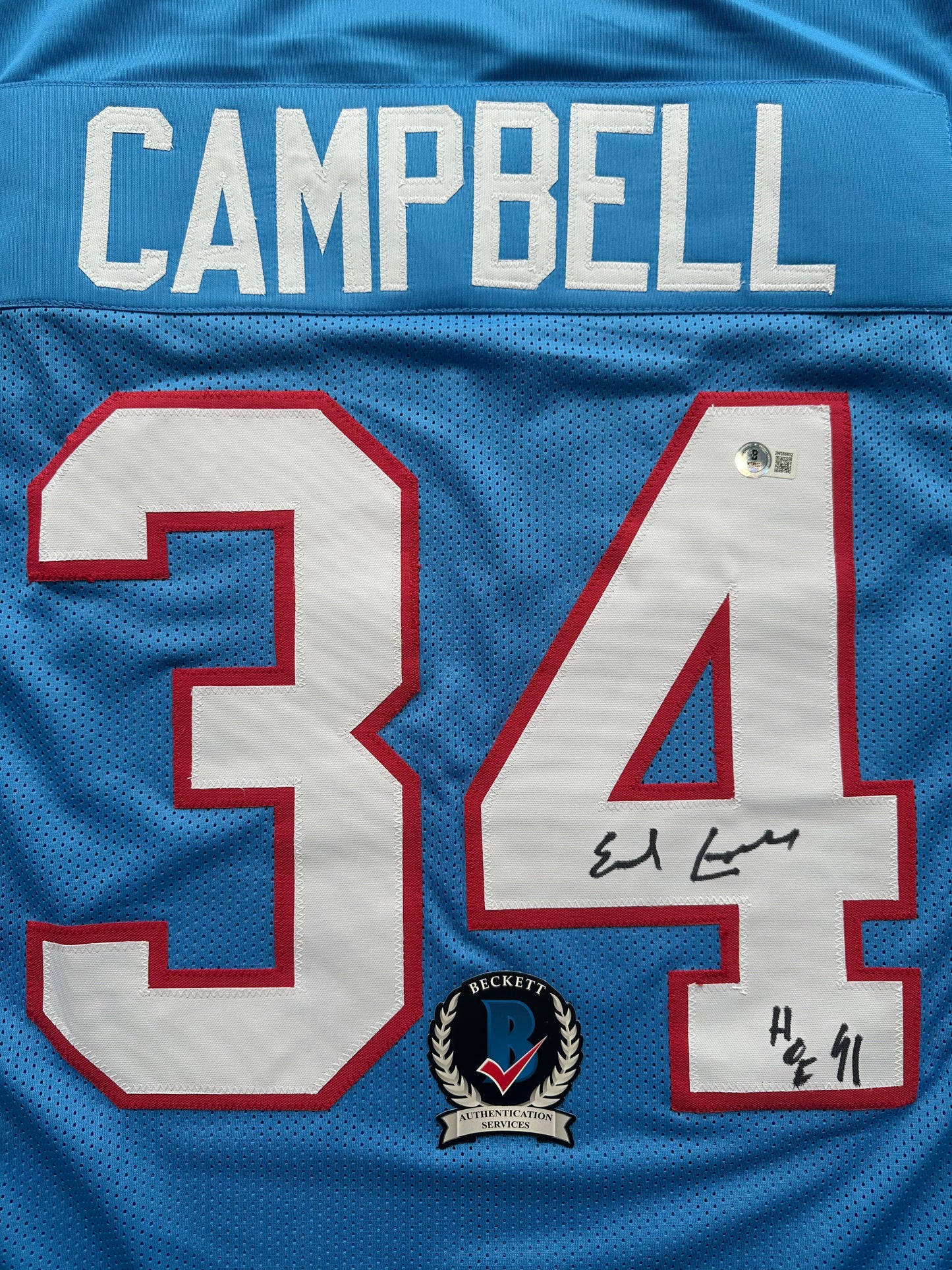 EARL CAMPBELL SIGNED BLUE FOOTBALL JERSEY Houston Oilers w/ "HOF 91" BAS COA