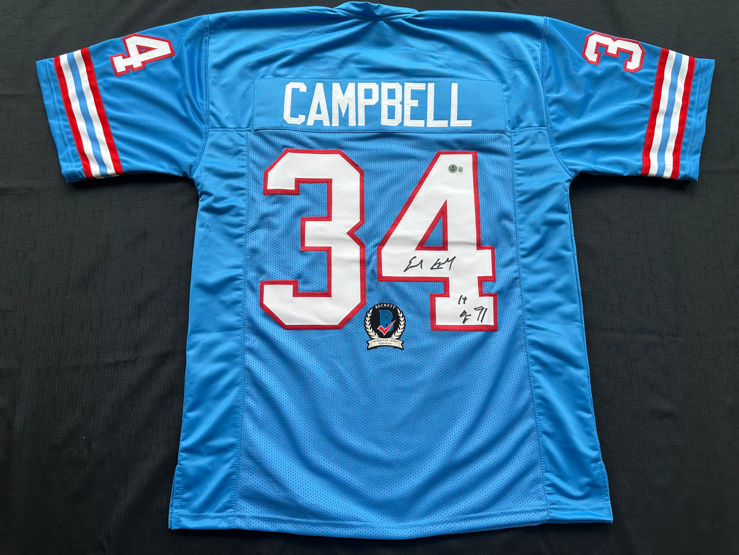 EARL CAMPBELL SIGNED BLUE FOOTBALL JERSEY Houston Oilers w/ "HOF 91" BAS COA