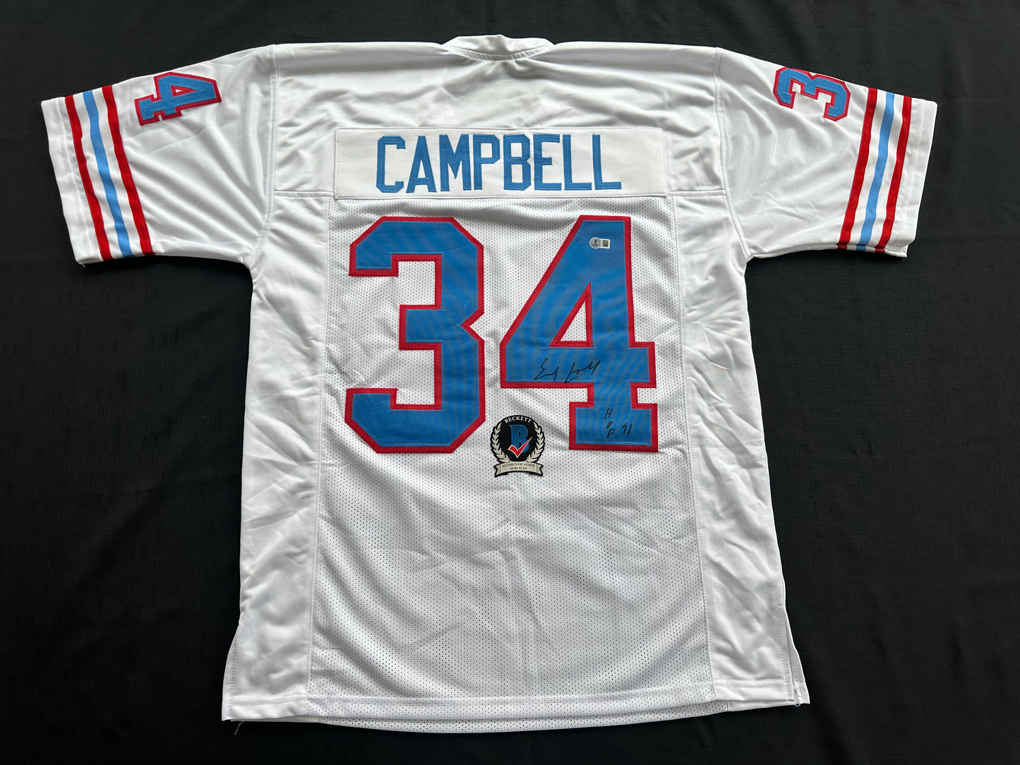 EARL CAMPBELL SIGNED WHITE FOOTBALL JERSEY Houston Oilers w/ "HOF 91" BAS COA