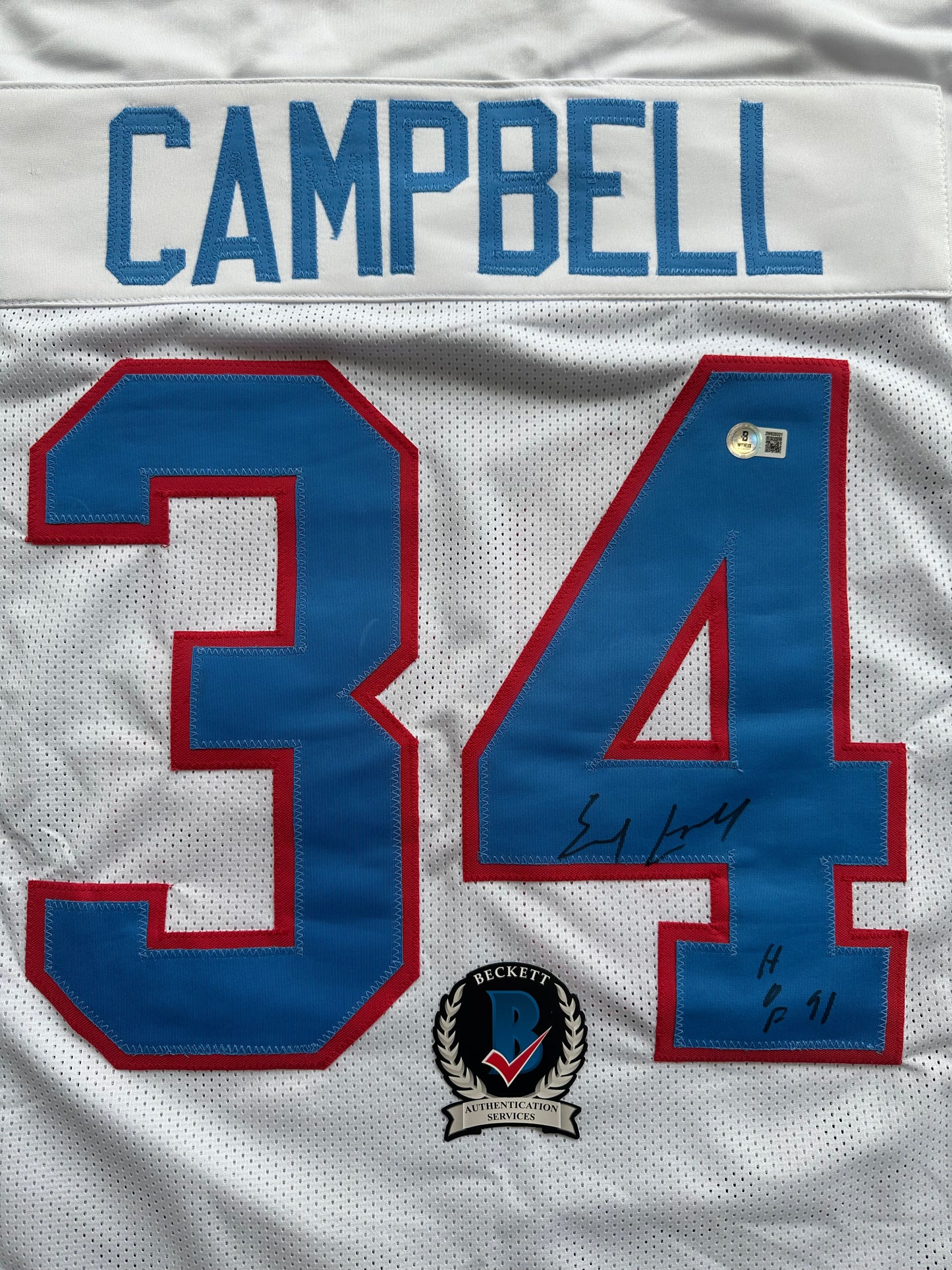EARL CAMPBELL SIGNED WHITE FOOTBALL JERSEY Houston Oilers w/ "HOF 91" BAS COA