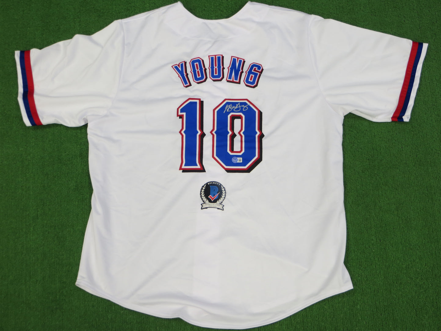 MICHAEL YOUNG TEXAS RANGERS SIGNED WHITE JERSEY size 3XL BAS COA