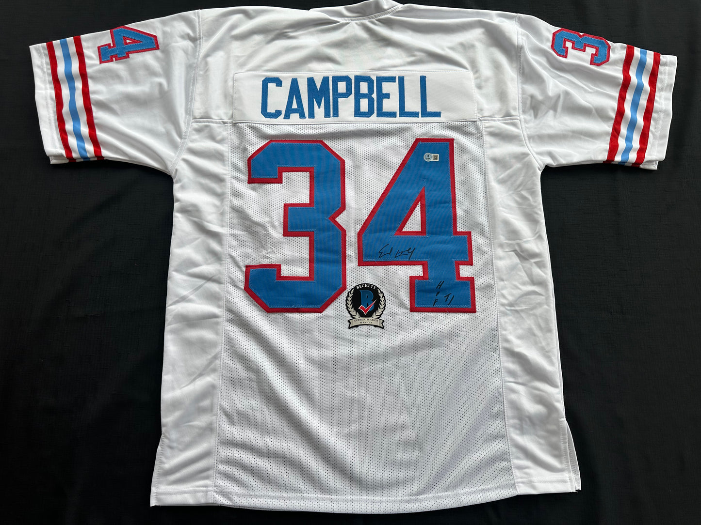 EARL CAMPBELL SIGNED WHITE FOOTBALL JERSEY Houston Oilers w/ "HOF 91" BAS COA